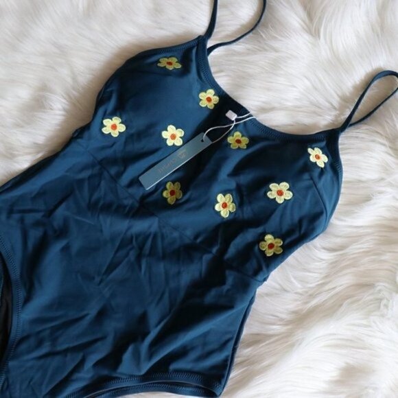 NWT Blue One Piece Bathing Suit Size Small Yellow Floral Swimsuit - Picture 4 of 9
